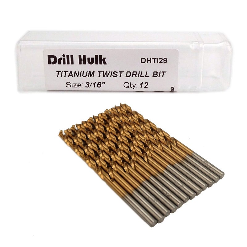 Drill Hulk Pack of 12, 3/16-Inch Titanium Nitride Coated Drill Bit, Premium M2 High Speed Steel, Jobber Length, for Metal, Plastic, Wood - Image 1
